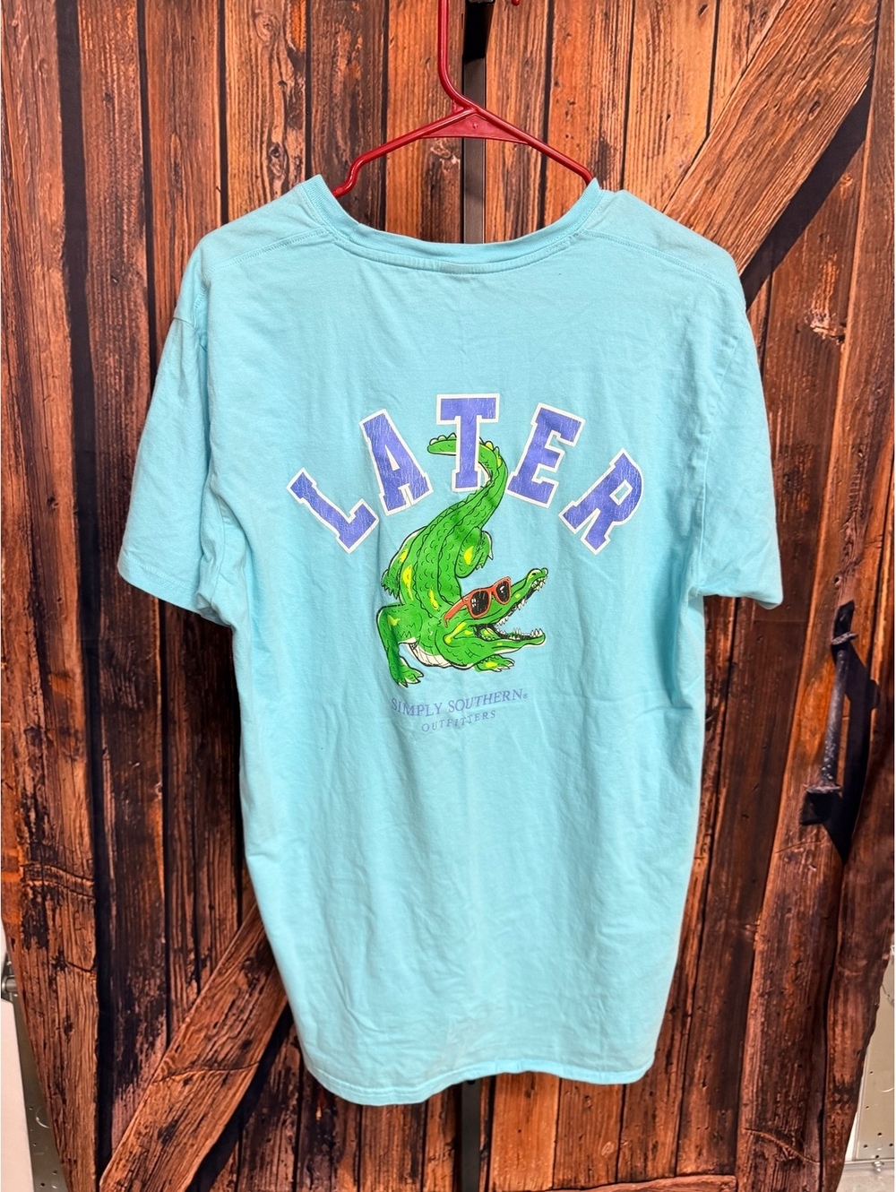 Simply Southern Light Blue Graphic T-Shirt with Alligator and 'LATER' Print